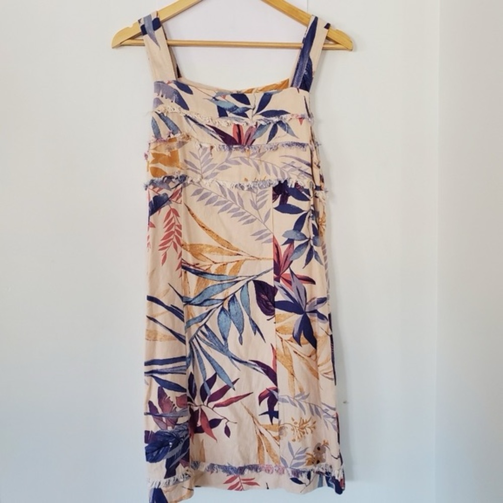 FATE: Linen Blend Cream Mini Dress Leaf Print Fringe Accent Sleeveless